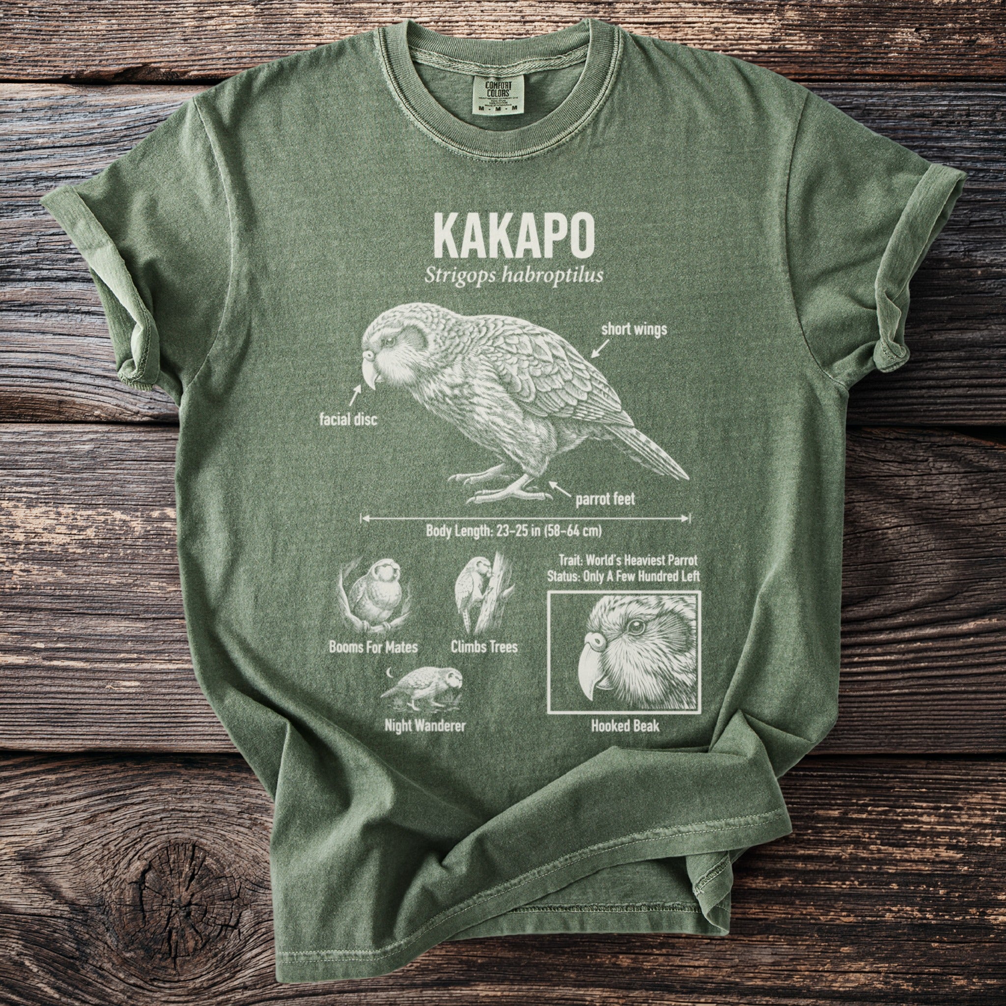 Green t-shirt featuring a Kakapo illustration with anatomical labels and status.