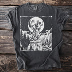 Black t-shirt with graphic of a raccoon howling at the full moon.