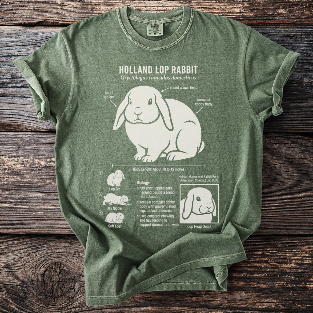 Holland Lop Rabbit biology diagram with illustrations and text on a green t-shirt.
