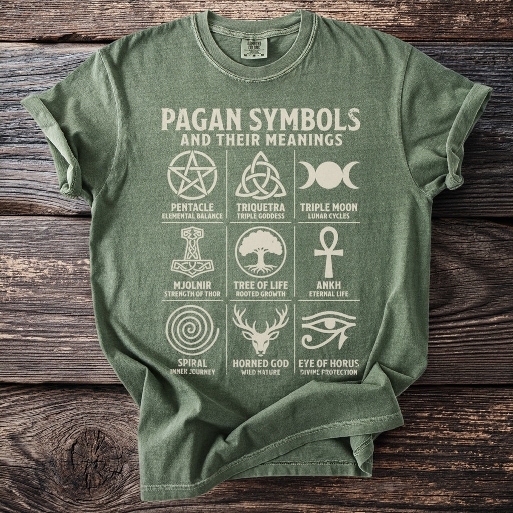 Green t-shirt with "Pagan Symbols and Their Meanings" design.