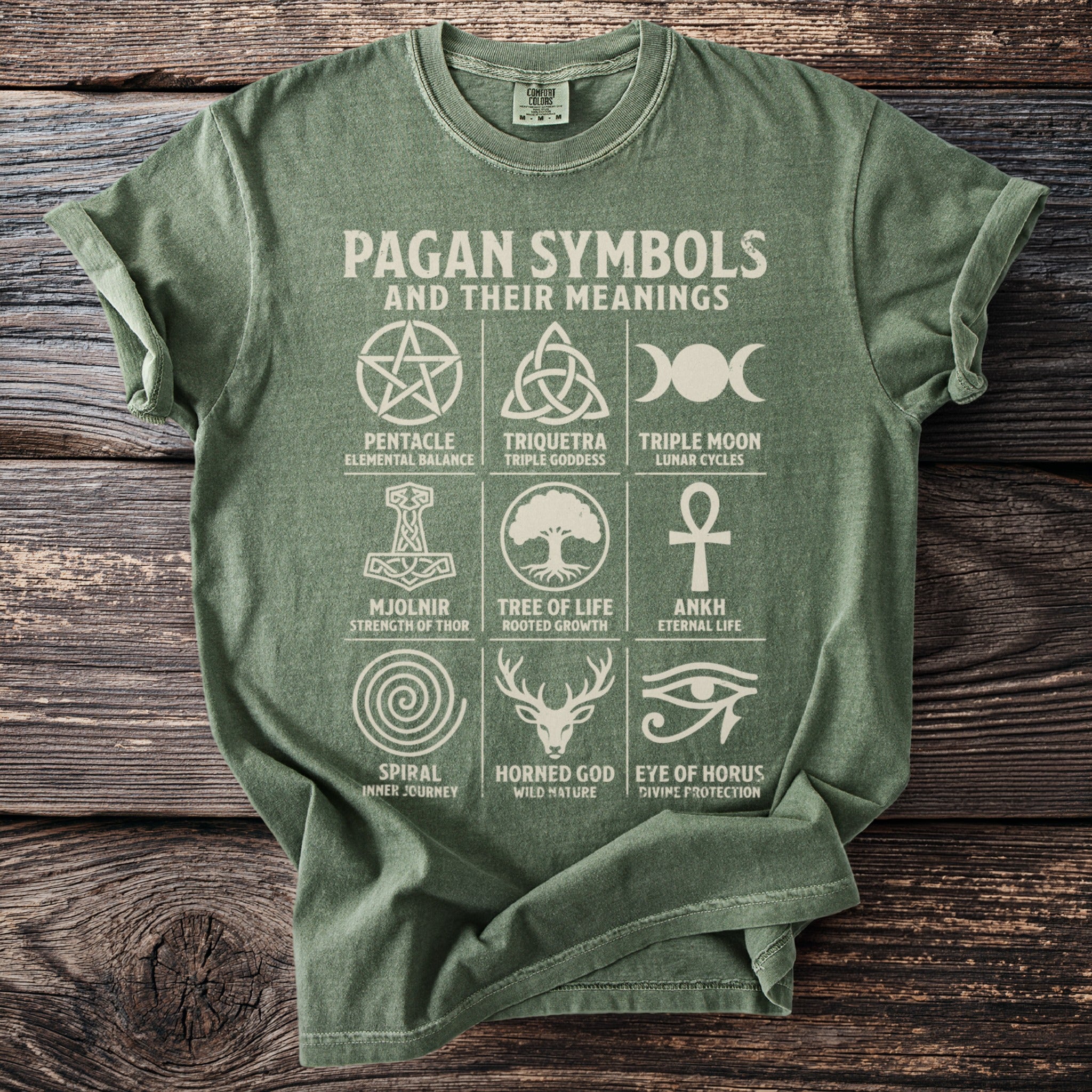 Green t-shirt with "Pagan Symbols and Their Meanings" design.