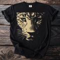 Black t-shirt with a close-up, sepia-toned graphic of a leopard's face.