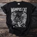 Black t-shirt with white Wampus Cat graphic and paw prints.