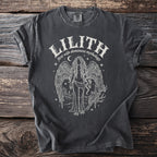 Dark grey t-shirt with white line art of Lilith, wings, owls, and stars.