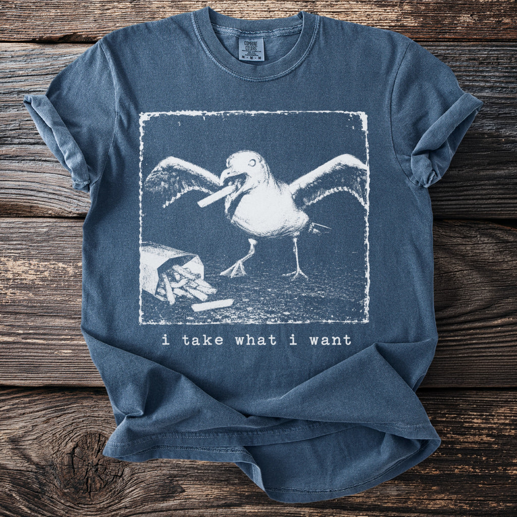 Blue t-shirt with a graphic of a seagull stealing french fries and text.