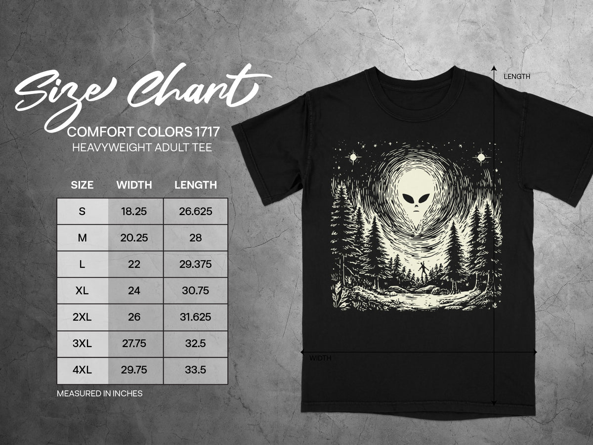 Comfort Colors 1717 heavyweight adult tee size chart with width and length measurements in inches.