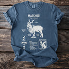 Blue t-shirt with Markhor goat illustration and biological facts in white text.