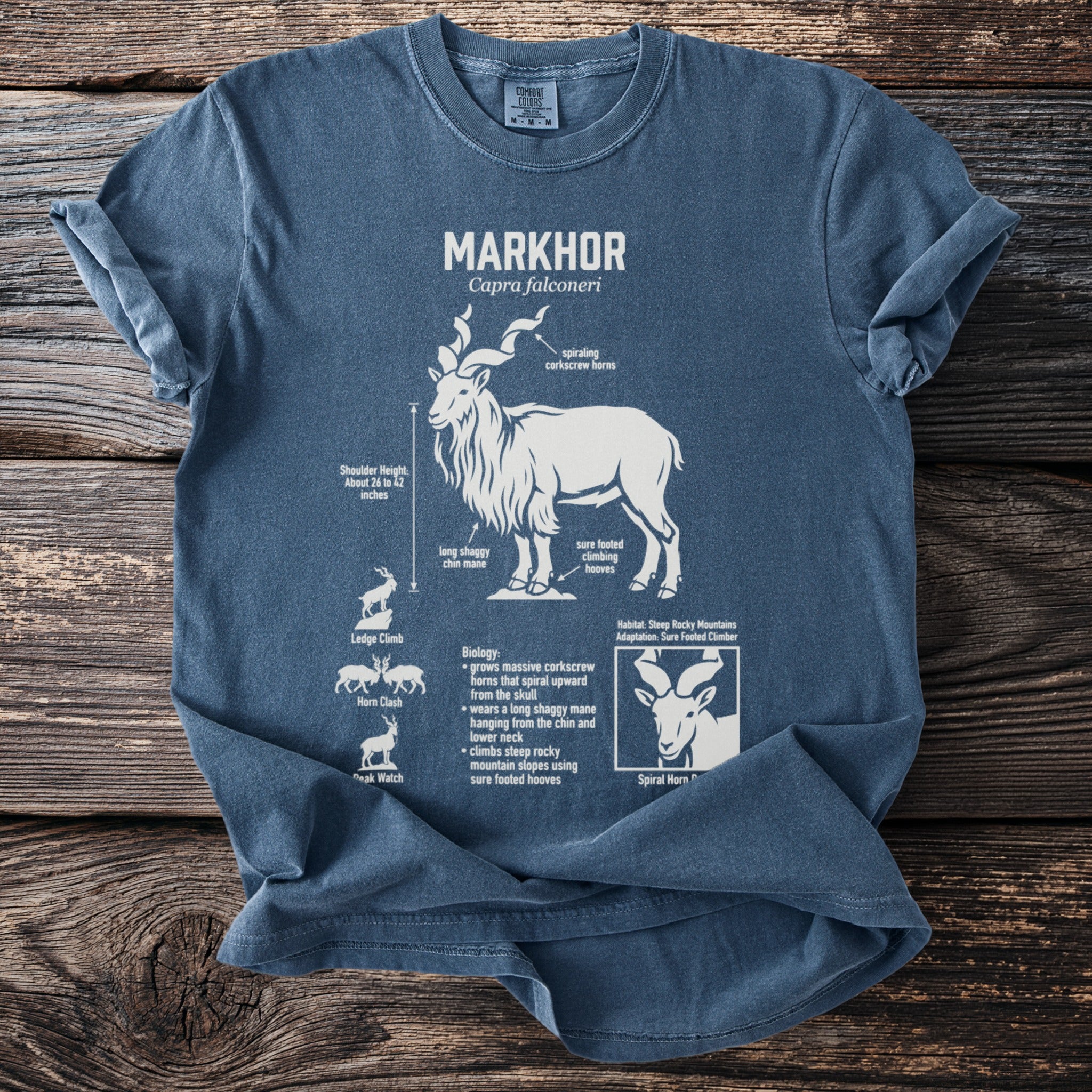 Blue t-shirt with Markhor goat illustration and biological facts in white text.