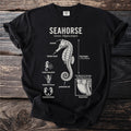 Black t-shirt with a schematic diagram of a seahorse and its features.