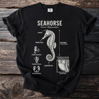 Black t-shirt with a schematic diagram of a seahorse and its features.