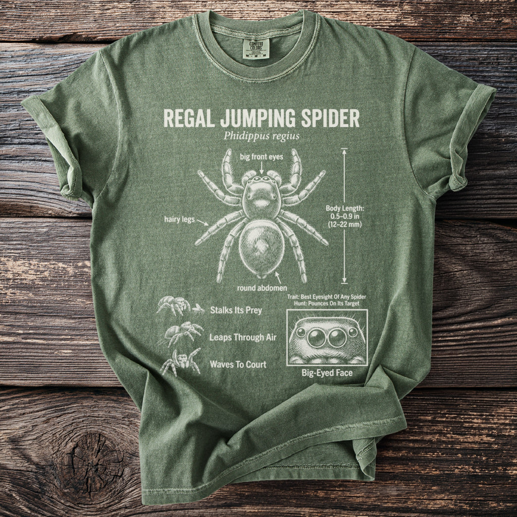 Green t-shirt with Regal Jumping Spider anatomy diagram featuring text and illustrations.