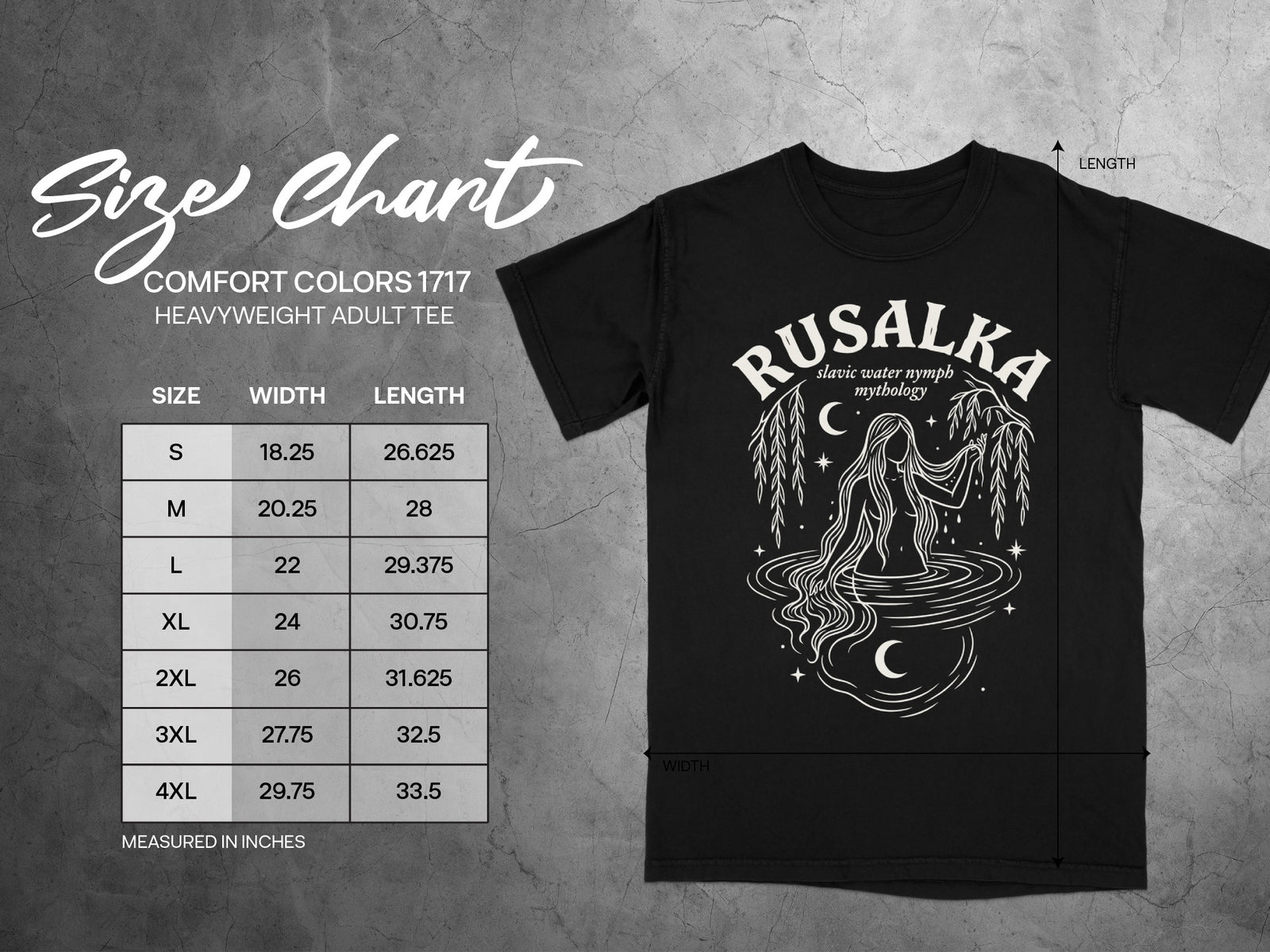 Black t-shirt size chart for Comfort Colors 1717 alongside a Rusalka graphic.