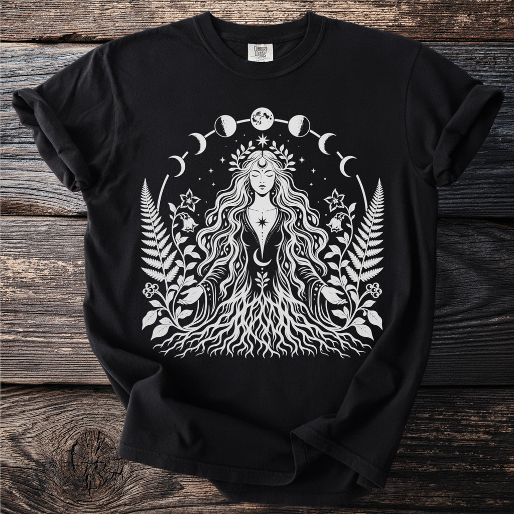 Black t-shirt with white mystical woman, moon phases, stars, and botanical designs.
