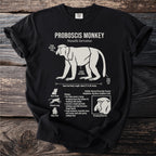 Black t-shirt featuring "PROBOSCIS MONKEY" and an illustration with labeled anatomical features.