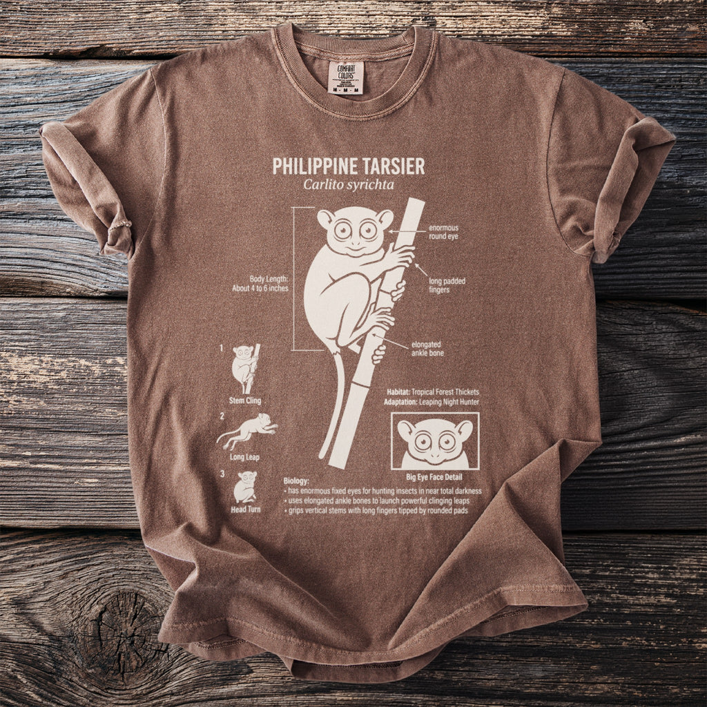 Brown t-shirt with Philippine Tarsier diagram and biology facts on the front.