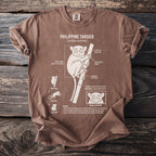 Brown t-shirt with Philippine Tarsier diagram and biology facts on the front.