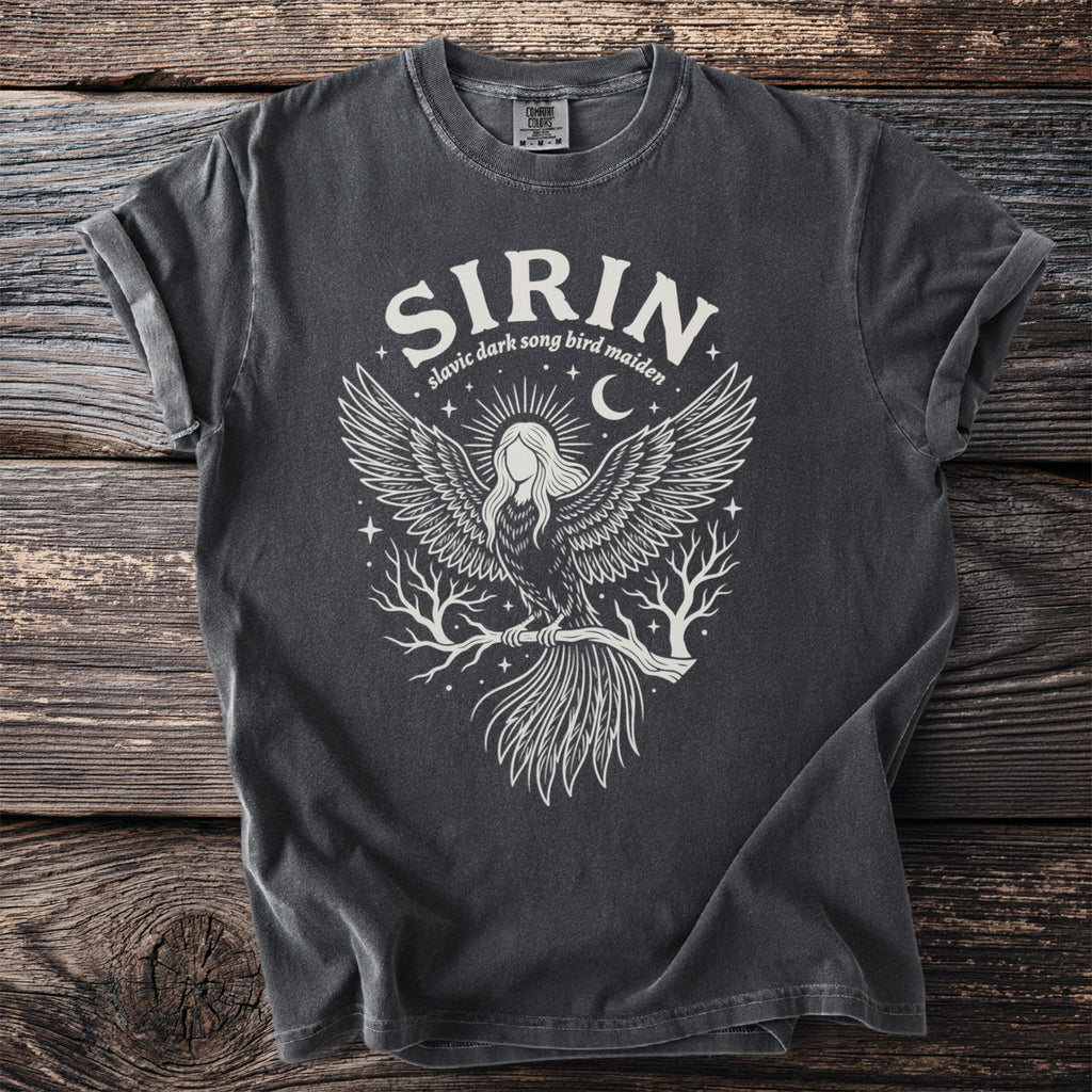 T-shirt with "SIRIN slavic dark song bird maiden" text and winged bird design.