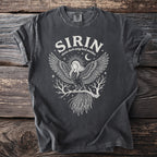 T-shirt with "SIRIN slavic dark song bird maiden" text and winged bird design.