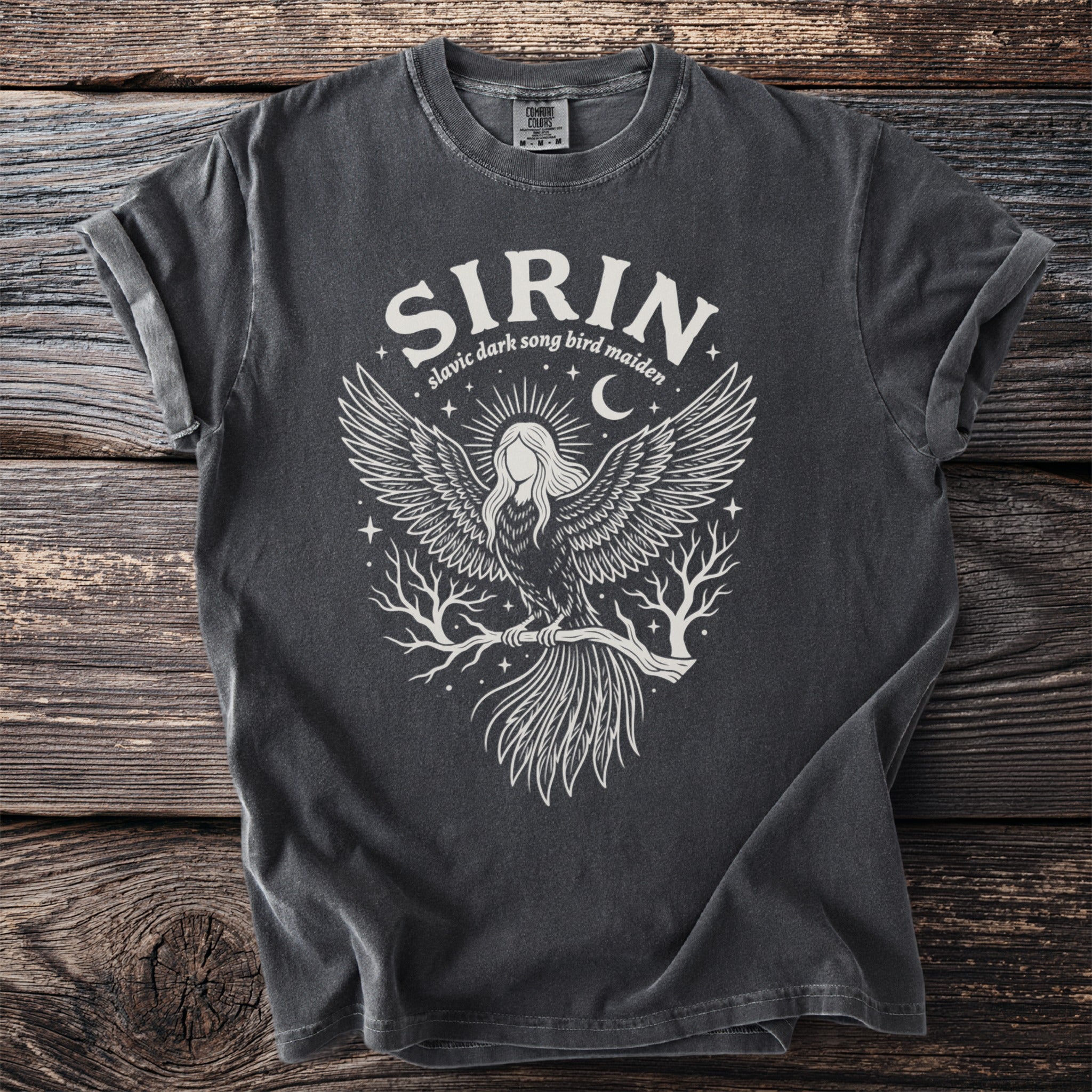 T-shirt with "SIRIN slavic dark song bird maiden" text and winged bird design.