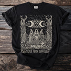 Black t-shirt with "Triple Moon Goddess" and woodland deities design.