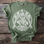 Green t-shirt with white werewolf graphic and moon emblem.