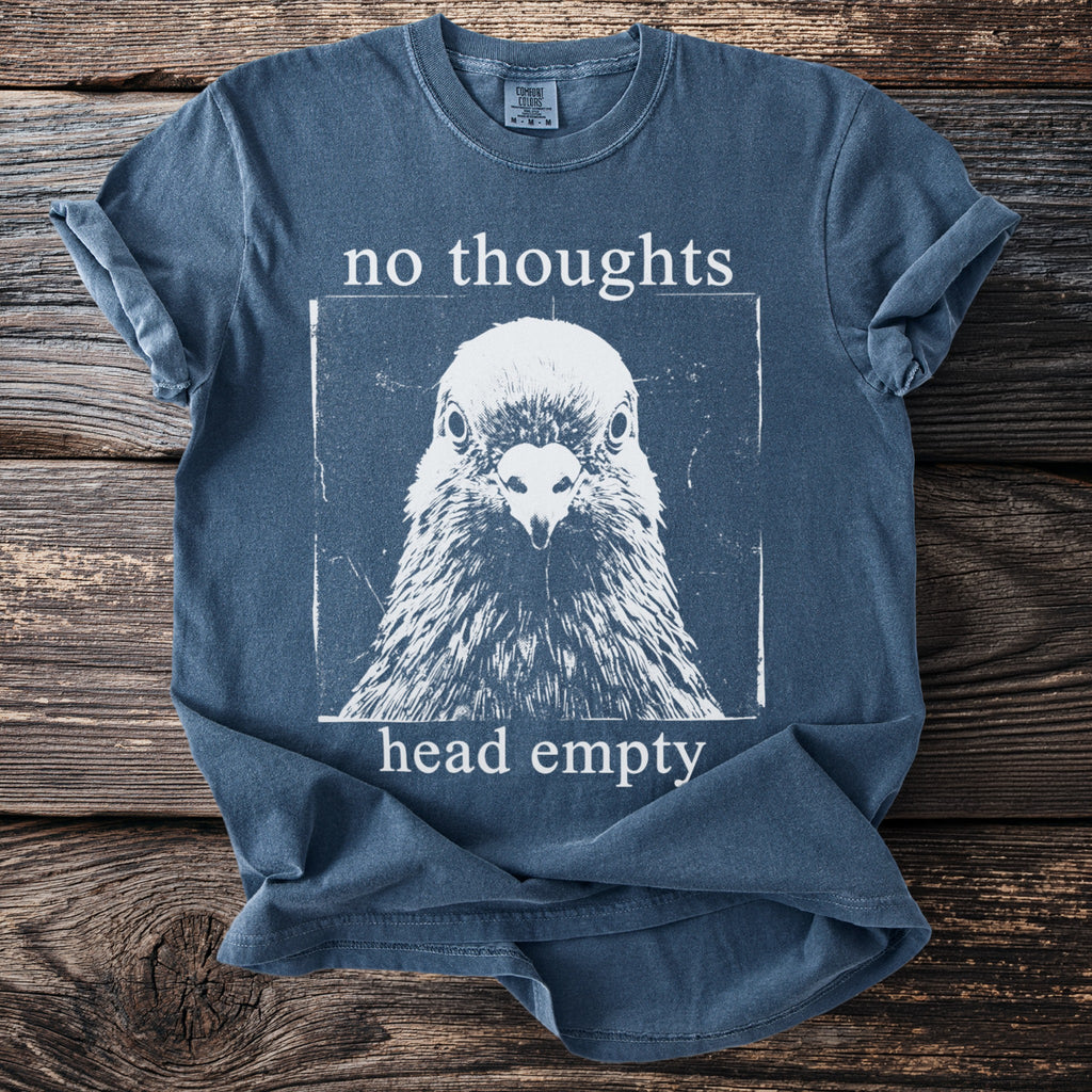 Blue t-shirt with a pigeon graphic and text "no thoughts head empty".