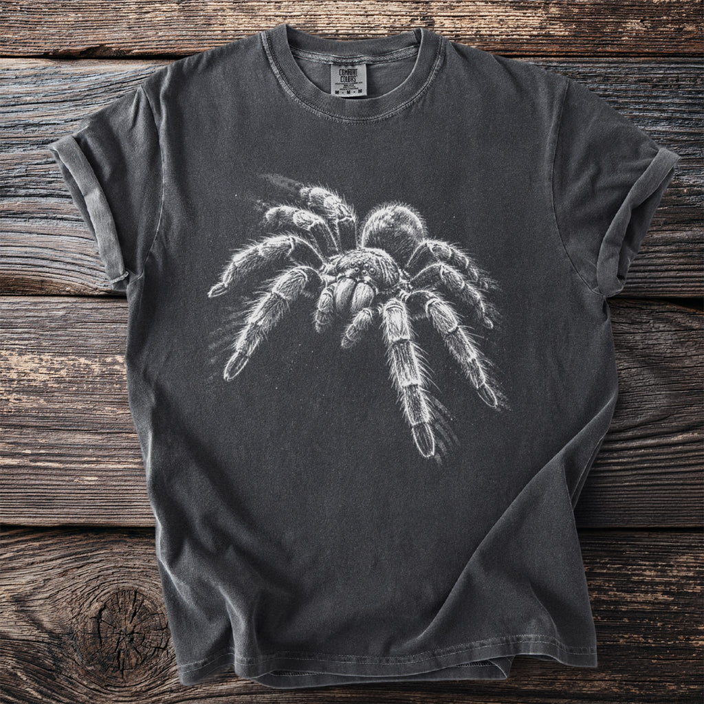 Dark grey t-shirt with a white tarantula graphic and Comfort Colors tag.