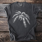 Dark grey t-shirt with a white tarantula graphic and Comfort Colors tag.