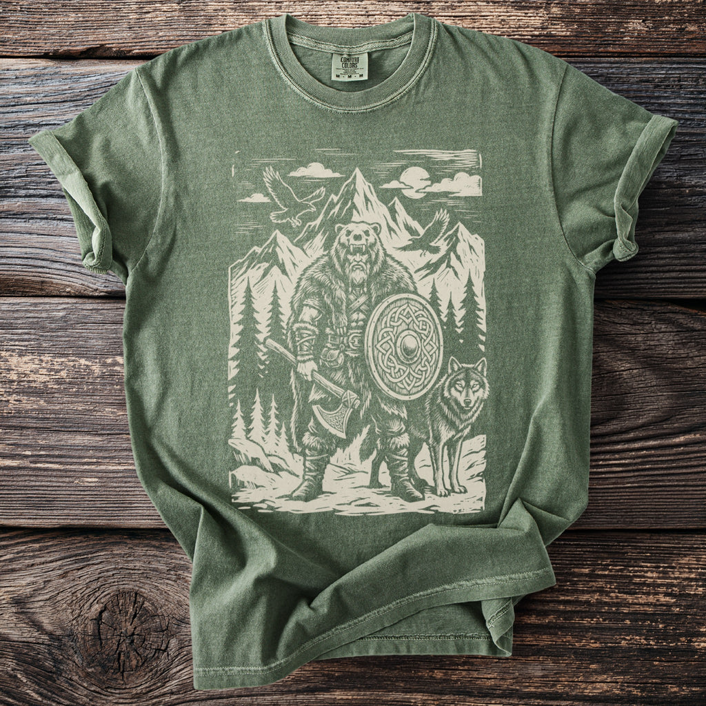Green t-shirt with a Viking bear, wolf, and mountain graphic.
