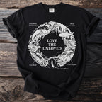 Black t-shirt with white graphic of cave creatures: salamander, fish, crawfish, beetle, glow worm, and mushrooms.