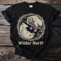 Black t-shirt with "WILDER NORTH" above a musk ox and stoat in a grass wreath.