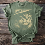 Green t-shirt with a distressed print of a cat wearing a hat.