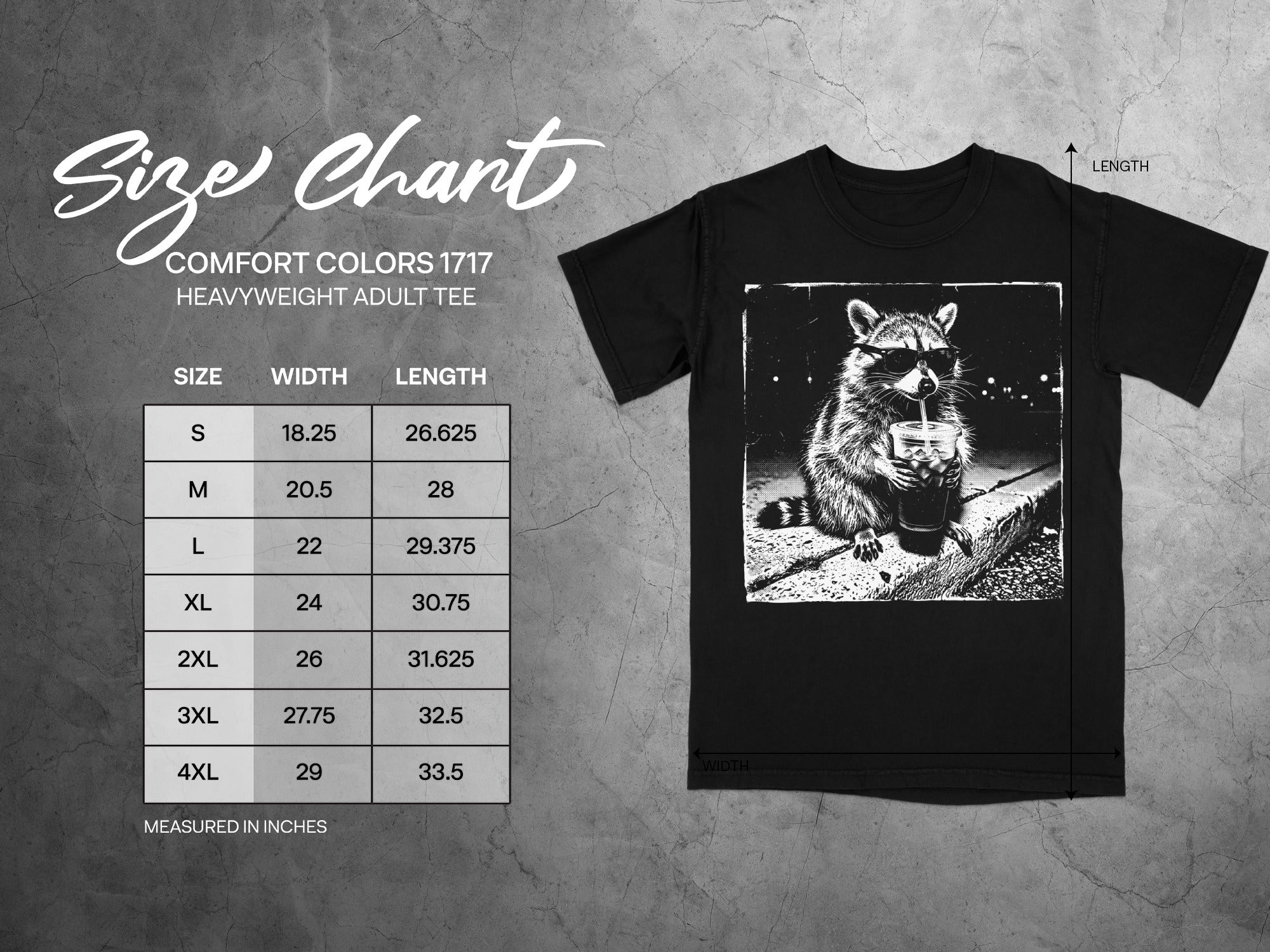 Comfort Colors 1717 garment size chart in inches.