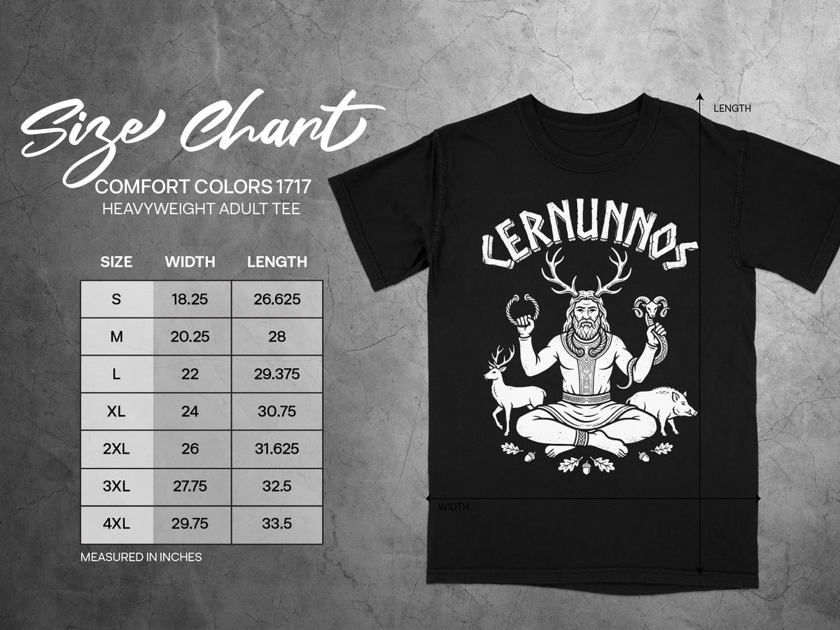 Comfort Colors 1717 heavyweight adult tee size chart with "Cernunnos" graphic.