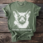 Green t-shirt with white graphic of a bat and text that reads "tiny body enormous dread".