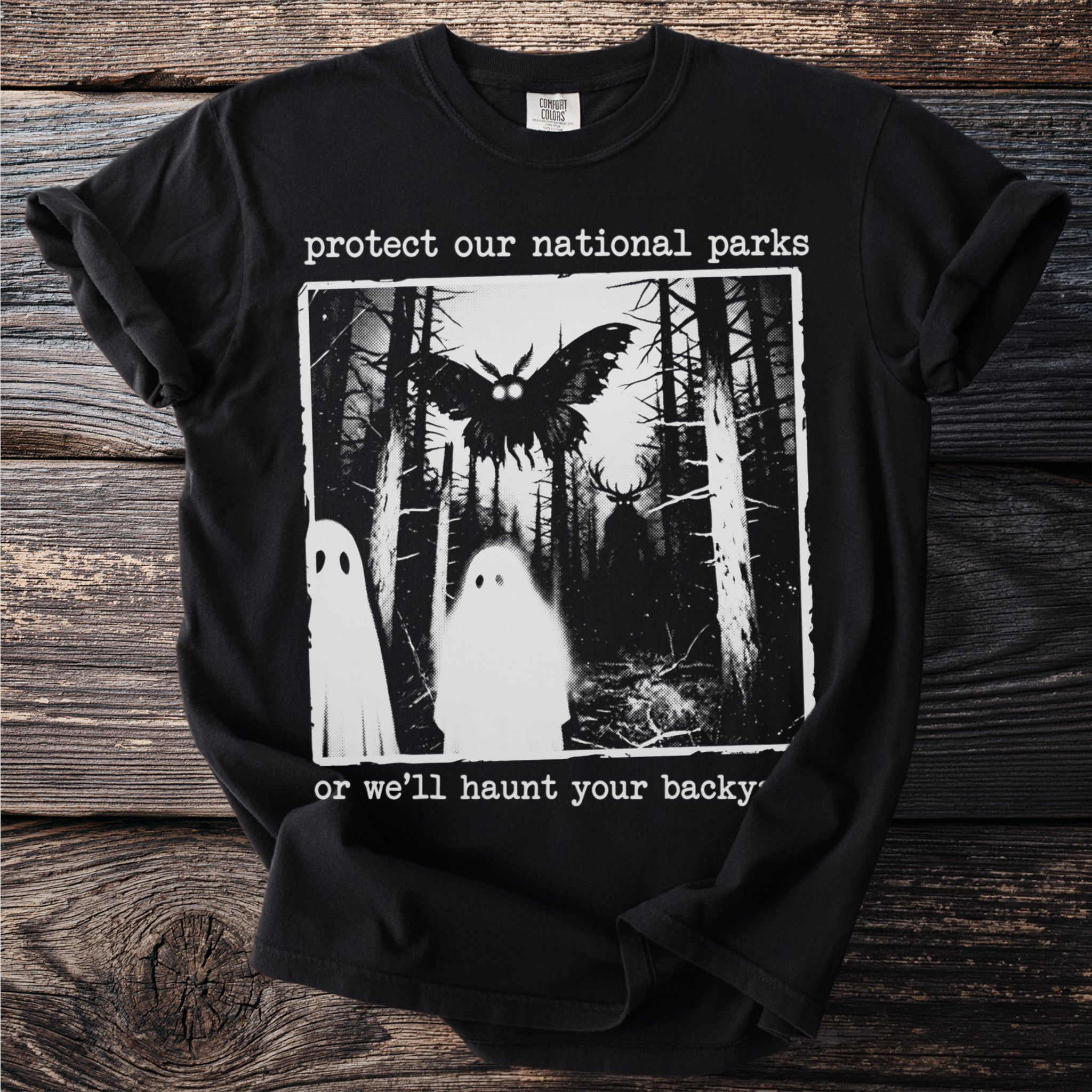 Black t-shirt with "protect our national parks" and a spooky forest scene.