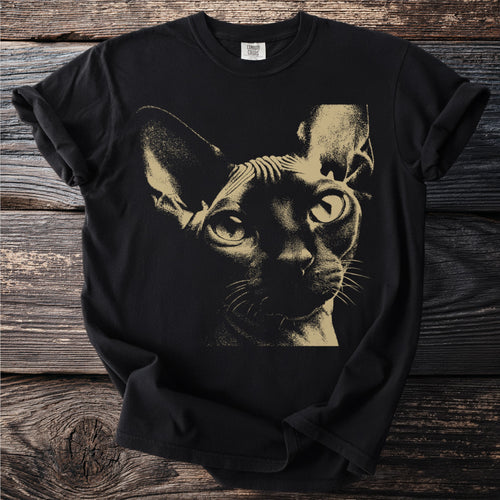 Black t-shirt with a gold graphic of a sphinx cat's face and Comfort Colors label.