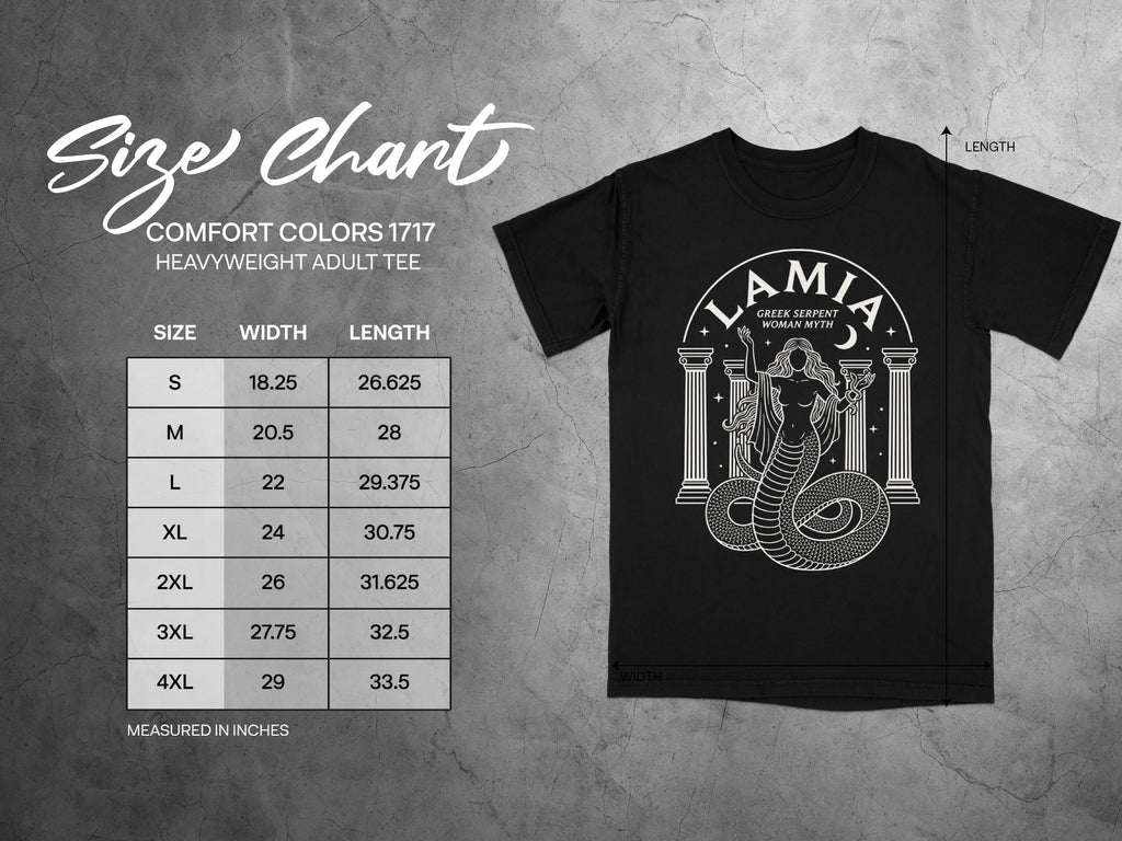 Comfort Colors 1717 garment size chart in inches.
