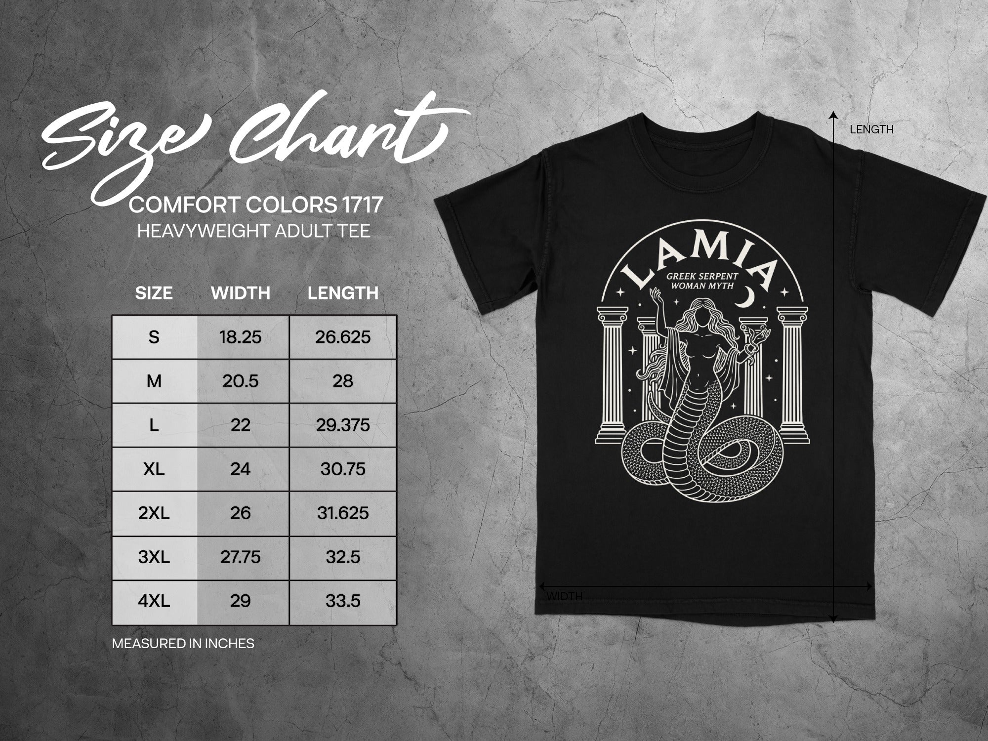 Comfort Colors 1717 garment size chart in inches.