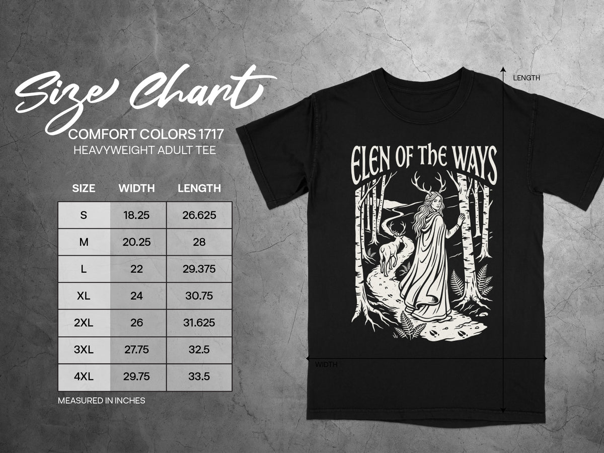 Size chart for Comfort Colors 1717 heavyweight adult tee with "Elen of the Ways" graphic.