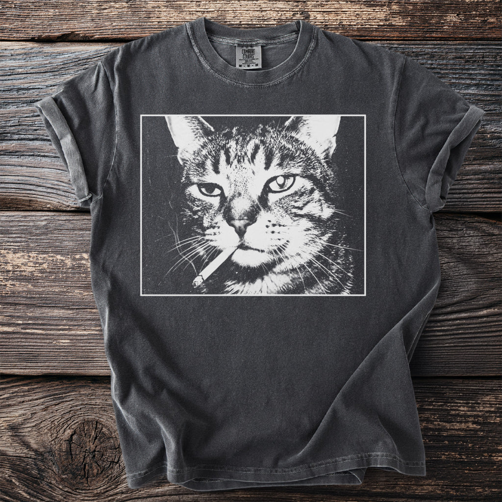 T-shirt with a black and white graphic of a cat smoking a cigarette.