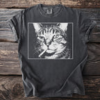 T-shirt with a black and white graphic of a cat smoking a cigarette.