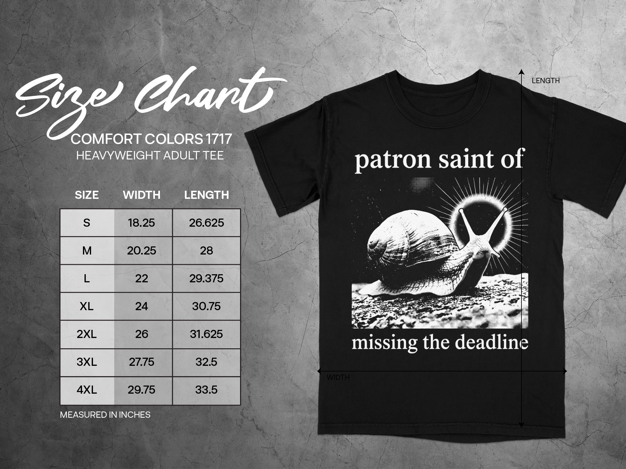 Black t-shirt with "patron saint of missing the deadline" graphic and size chart.