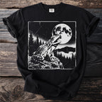 Black t-shirt with a monochrome graphic of a frog croaking at the full moon.