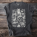 Charcoal t-shirt with a white line drawing of forest animals and foliage.