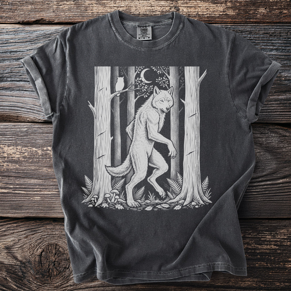 Werewolf in a forest with moon and owl on a dark grey t-shirt.