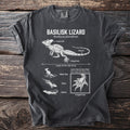 T-shirt featuring scientific illustration of basilisk lizard, its features, and behaviors.