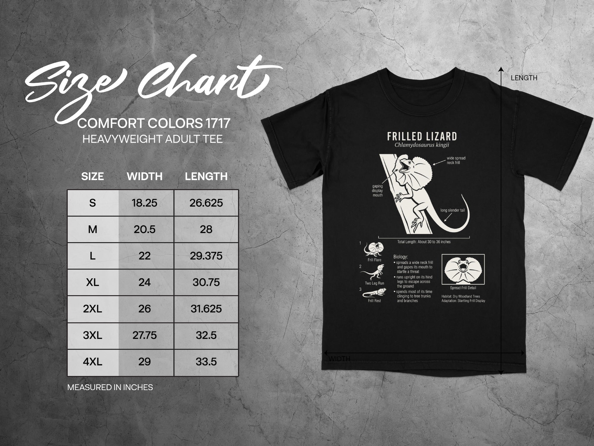 Frilled Lizard size chart for Comfort Colors 1717 heavyweight adult tee.
