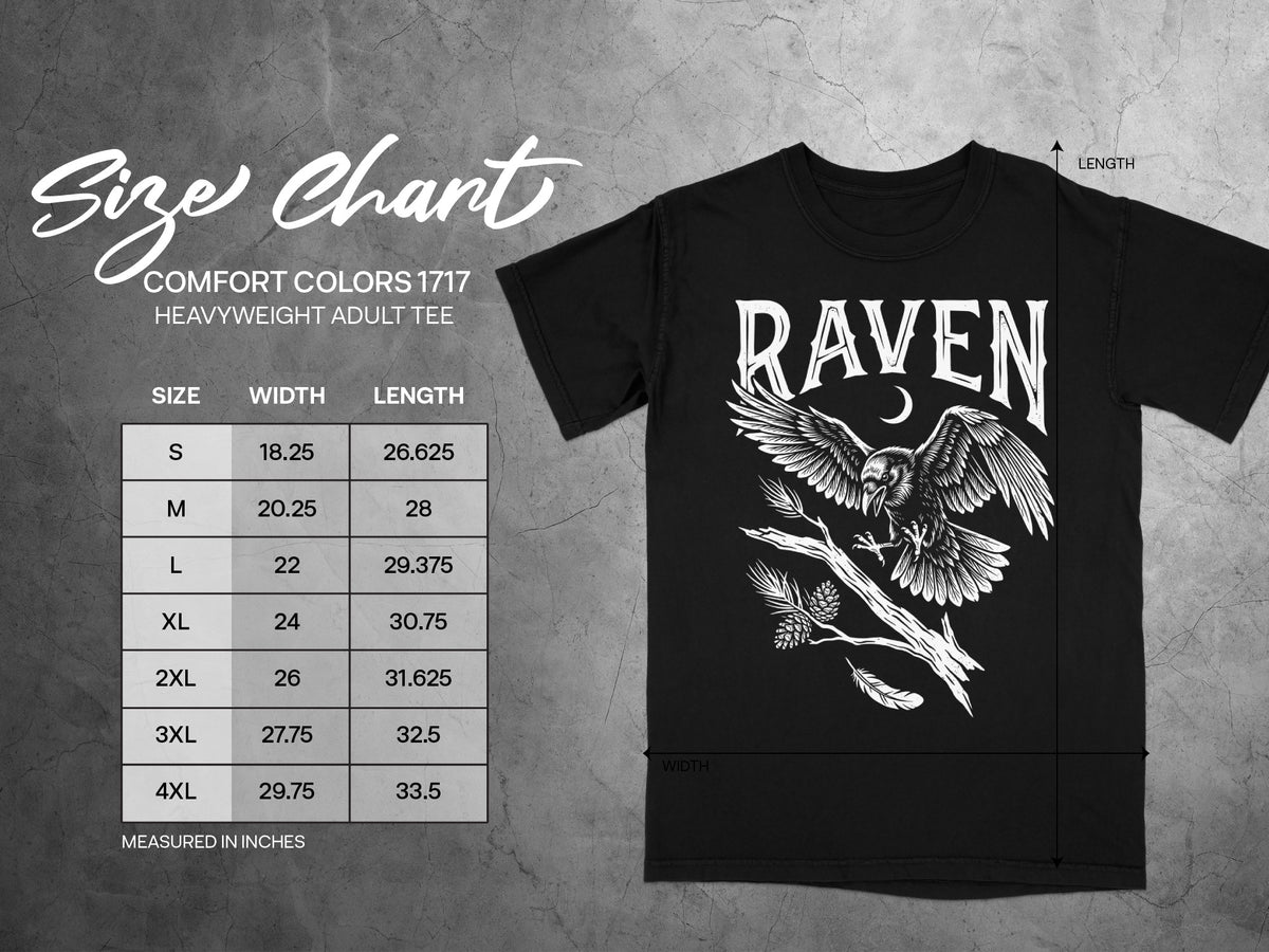 Size chart for Comfort Colors 1717 heavyweight adult tee with raven graphic.