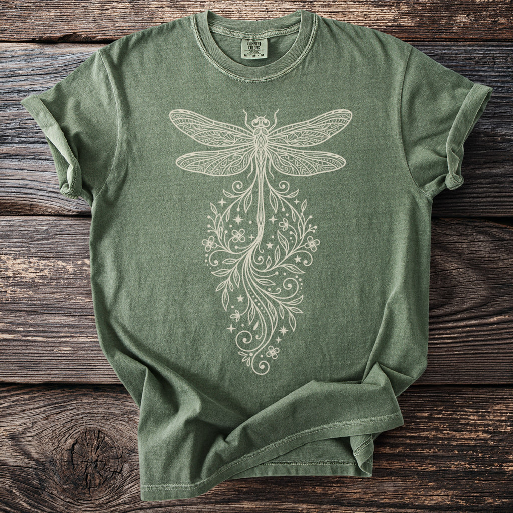 Olive green t-shirt with cream-colored dragonfly and floral design.